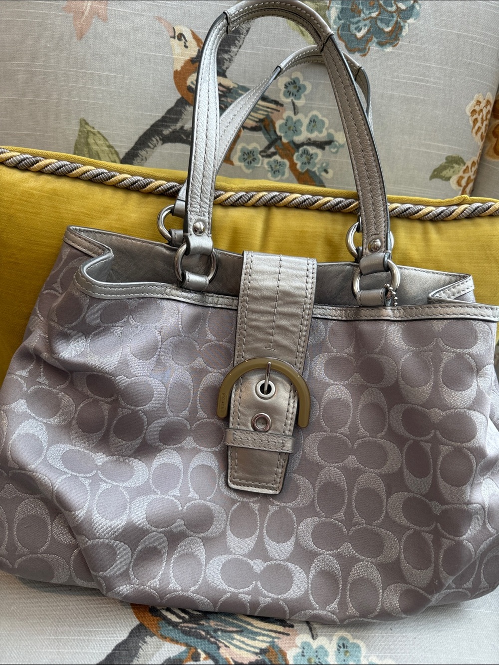 Coach Metallic Silver Signature Tote with Buckle Accent